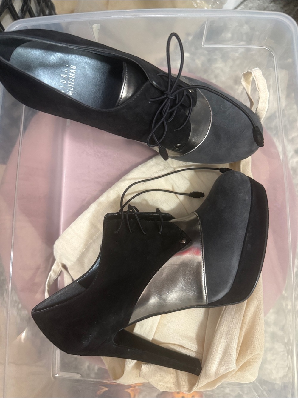 Stuart Weitzman Black and Gray Lace-Up Platform Heels